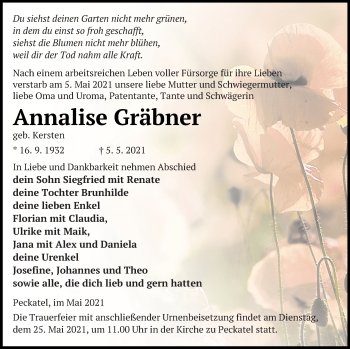 Traueranzeige von Annalise Gräbner von Strelitzer Zeitung