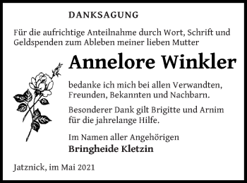 Traueranzeige von Annelore Winkler von Pasewalker Zeitung