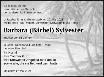 Traueranzeige von Barbara  Sylvester von Müritz-Zeitung