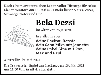 Traueranzeige von Bela Dezsi von Strelitzer Zeitung