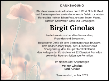 Traueranzeige von Birgit Ginolas von Pasewalker Zeitung