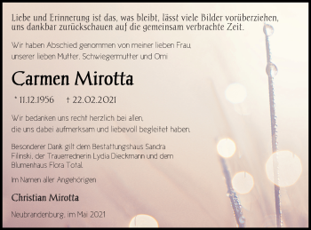 Traueranzeige von Carmen Mirotta von Neubrandenburger Zeitung