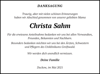 Traueranzeige von Christa Sahm von Mecklenburger Schweiz