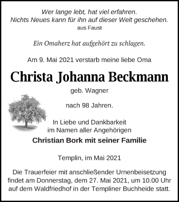 Traueranzeige von Christa Johanna Beckmann von Templiner Zeitung