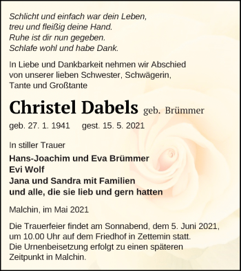 Traueranzeige von Christel Dabels von Mecklenburger Schweiz