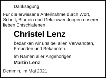 Traueranzeige von Christel Lenz von Demminer Zeitung