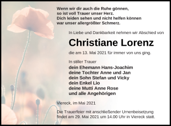 Traueranzeige von Christiane Lorenz von Pasewalker Zeitung