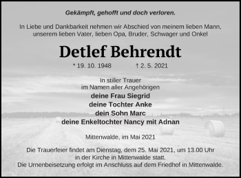 Traueranzeige von Detlef Behrendt von Templiner Zeitung