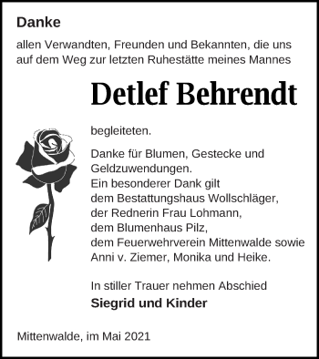 Traueranzeige von Detlef Behrendt von Templiner Zeitung