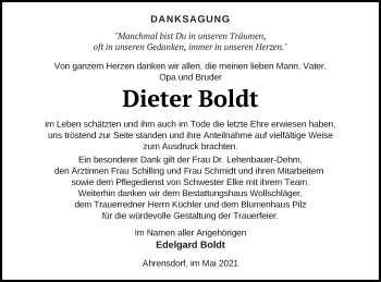 Traueranzeige von Dieter Boldt von Templiner Zeitung