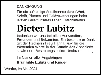 Traueranzeige von Dieter Lubitz von Neubrandenburger Zeitung