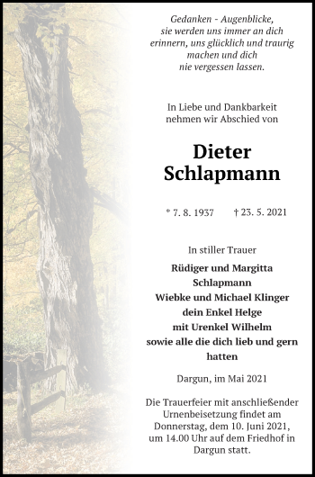 Traueranzeige von Dieter Schlapmann von Mecklenburger Schweiz