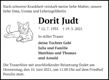 Traueranzeige von Dorit Judt von Müritz-Zeitung