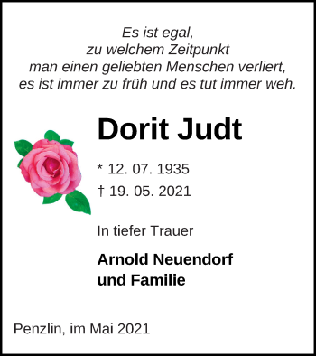 Traueranzeige von Dorit Judt von Müritz-Zeitung