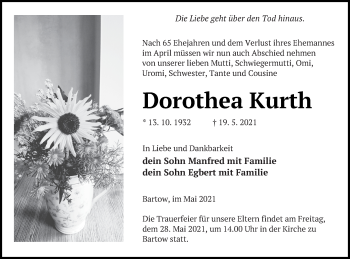 Traueranzeige von Dorothea Kurth von Vorpommern Kurier