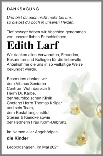 Traueranzeige von Edith Larf von Haff-Zeitung