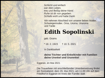 Traueranzeige von Edith Sopolinski von Haff-Zeitung