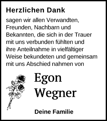 Traueranzeige von Egon Wegner von Mecklenburger Schweiz