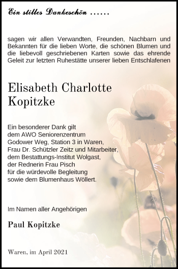 Traueranzeige von Elisabeth Charlotte Kopitzke von Müritz-Zeitung