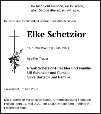 Traueranzeige von Elke Schetzior von Mecklenburger Schweiz