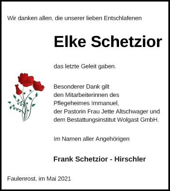 Traueranzeige von Elke Schetzior von Mecklenburger Schweiz