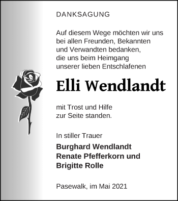 Traueranzeige von Elli Wendlandt von Pasewalker Zeitung