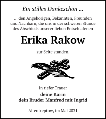 Traueranzeige von Erika Rakow von Neubrandenburger Zeitung