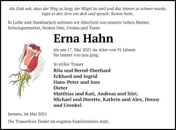 Traueranzeige von Erna Hahn von Vorpommern Kurier