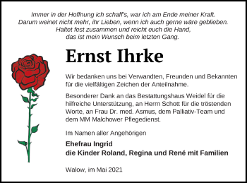 Traueranzeige von Ernst Ihrke von Müritz-Zeitung