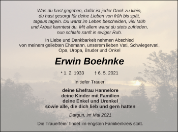 Traueranzeige von Erwin Boehnke von Mecklenburger Schweiz