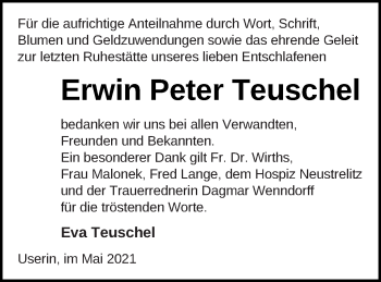 Traueranzeige von Erwin Peter Teuschel von Strelitzer Zeitung