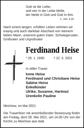 Traueranzeige von Ferdinand Heise von Prenzlauer Zeitung