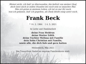 Traueranzeige von Frank Beck von Neubrandenburger Zeitung