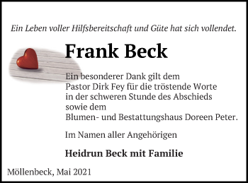 Traueranzeige von Frank Beck von Neubrandenburger Zeitung