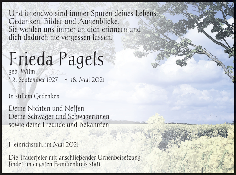  Traueranzeige für Frieda Pagels vom 26.05.2021 aus Haff-Zeitung