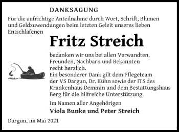 Traueranzeige von Fritz Streich von Mecklenburger Schweiz