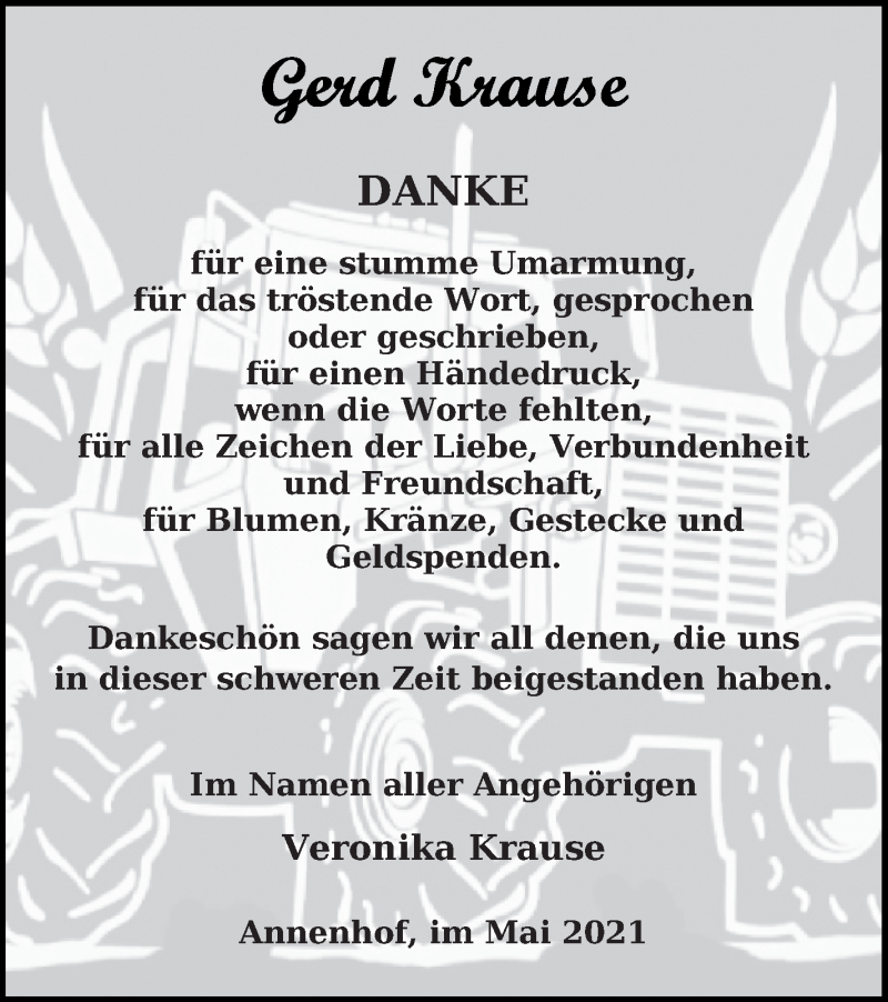  Traueranzeige für Gerd Krause vom 29.05.2021 aus Haff-Zeitung