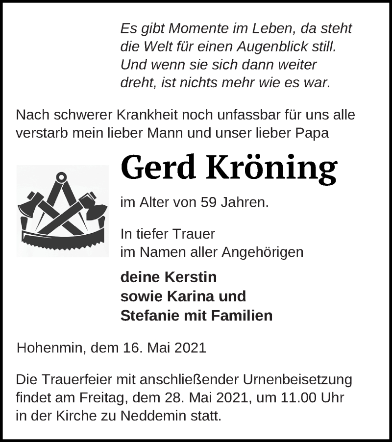  Traueranzeige für Gerd Kröning vom 21.05.2021 aus Neubrandenburger Zeitung