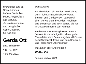 Traueranzeige von Gerda Ott von Pasewalker Zeitung