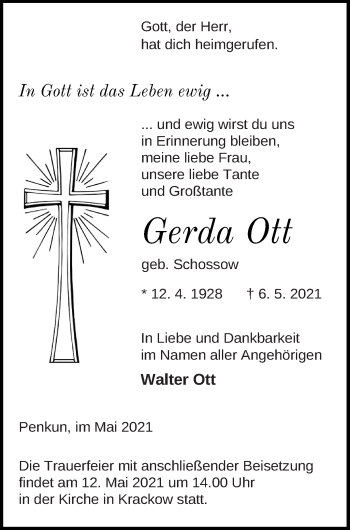 Traueranzeige von Gerda Ott von Pasewalker Zeitung