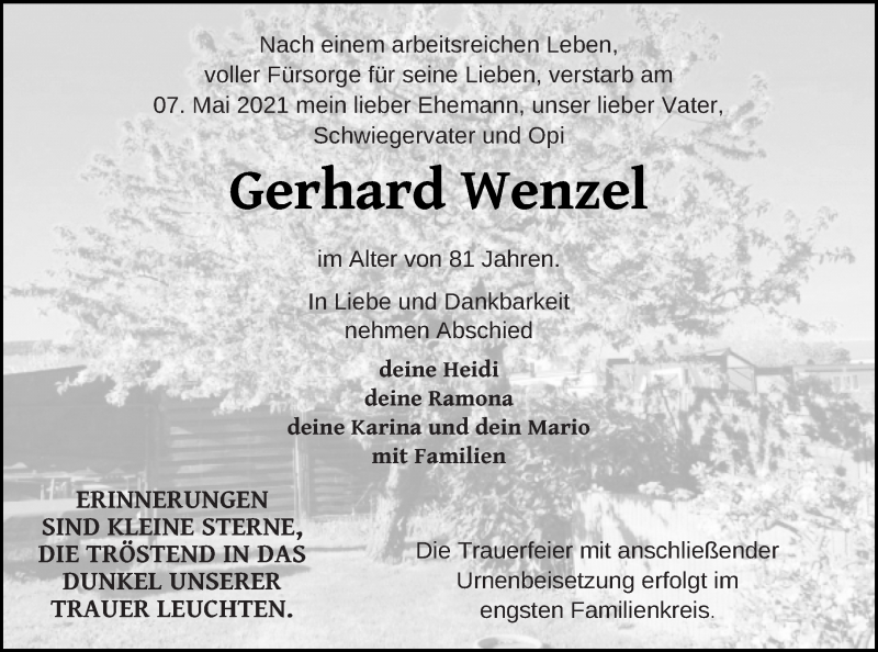  Traueranzeige für Gerhard Wenzel vom 15.05.2021 aus Prenzlauer Zeitung