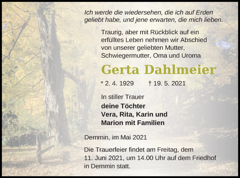  Traueranzeige für Gerta Dahlmeier vom 28.05.2021 aus Demminer Zeitung