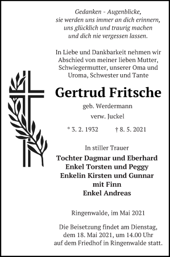 Traueranzeige von Gertrud Fritsche von Templiner Zeitung