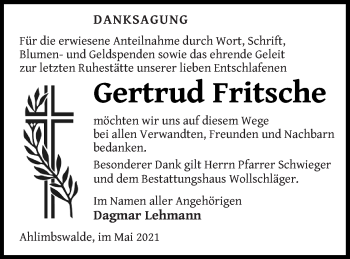 Traueranzeige von Gertrud Fritsche von Templiner Zeitung