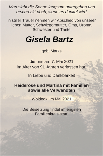 Traueranzeige von Gisela Bartz von Strelitzer Zeitung