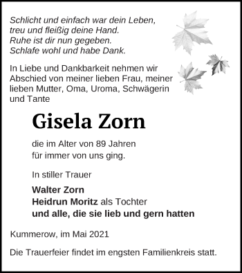 Traueranzeige von Gisela Zorn von Mecklenburger Schweiz