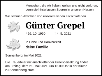 Traueranzeige von Günter Grepel von Pasewalker Zeitung