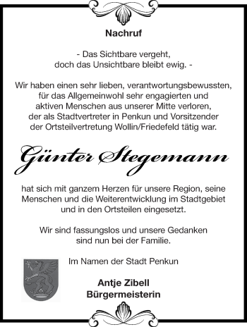 Traueranzeige von Günter Stegemann von Pasewalker Zeitung