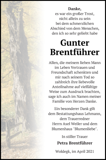 Traueranzeige von Gunter Brentführer von Pasewalker Zeitung