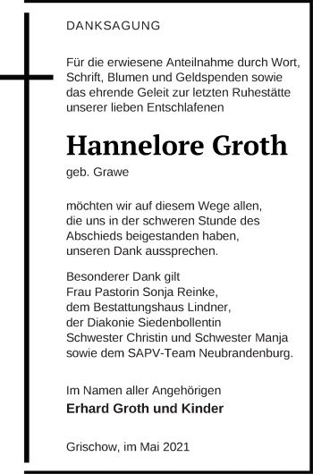 Traueranzeige von Hannelore Groth von Neubrandenburger Zeitung